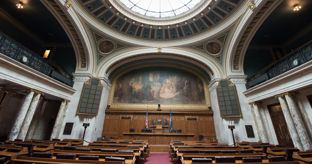 Wide Angle View Showing Glass Domed Ceiling Above Leigslative Chamber Inside The Wisconsin State Capitol