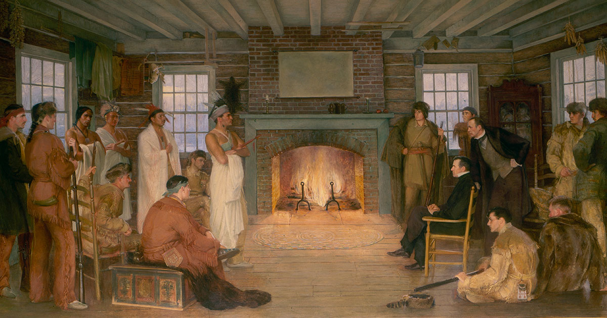 Wisconsin Historical Society, Potter, James T., The Trial of Chief Oshkosh by Judge Doty, Image 45105 (painting, date unknown)