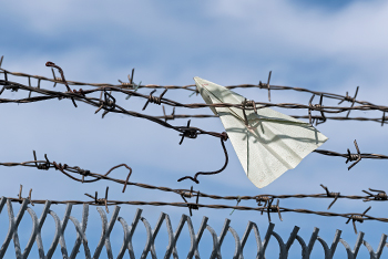 paper plane caugh in barbed wire fence